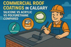 Commercial roof coating systems compared — silicone, acrylic, and polyurethane on a Calgary flat roof