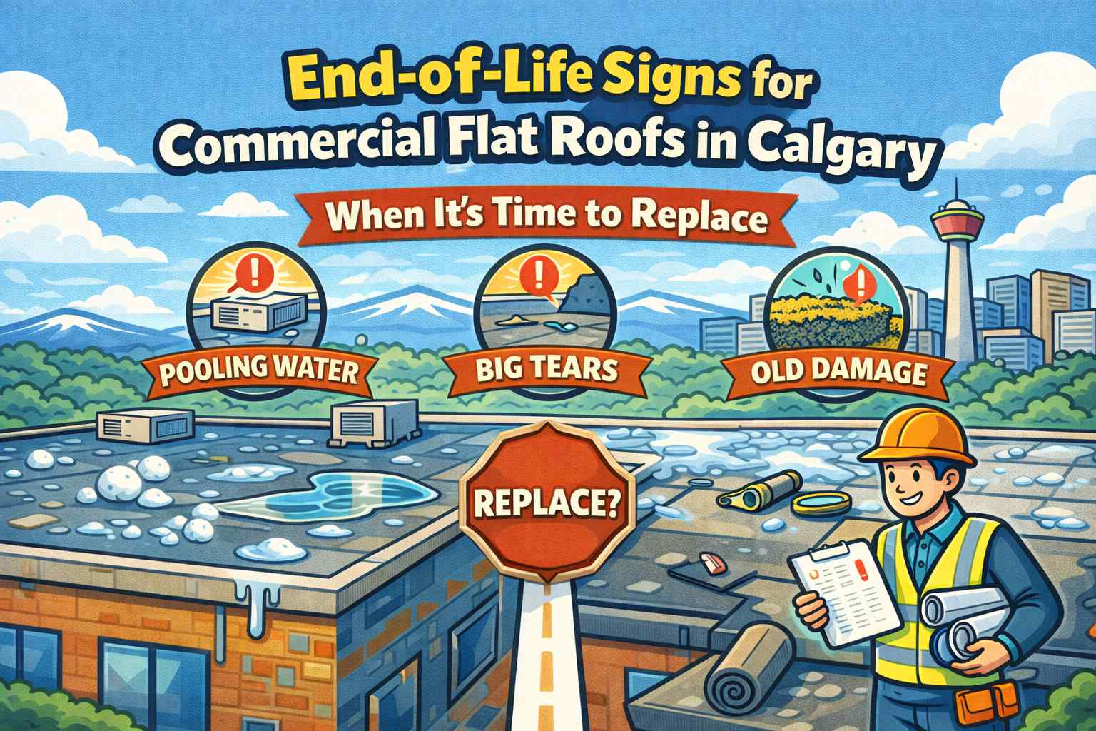 End of life signs for commercial flat roofs in Calgary when its time to replace