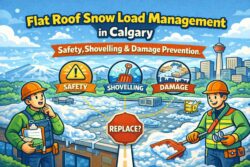 Flat roof snow load management in Calgary safety shovelling damage prevention