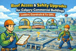 Roof access safety upgrades for Calgary commercial buildings ladders guardrails tie offs