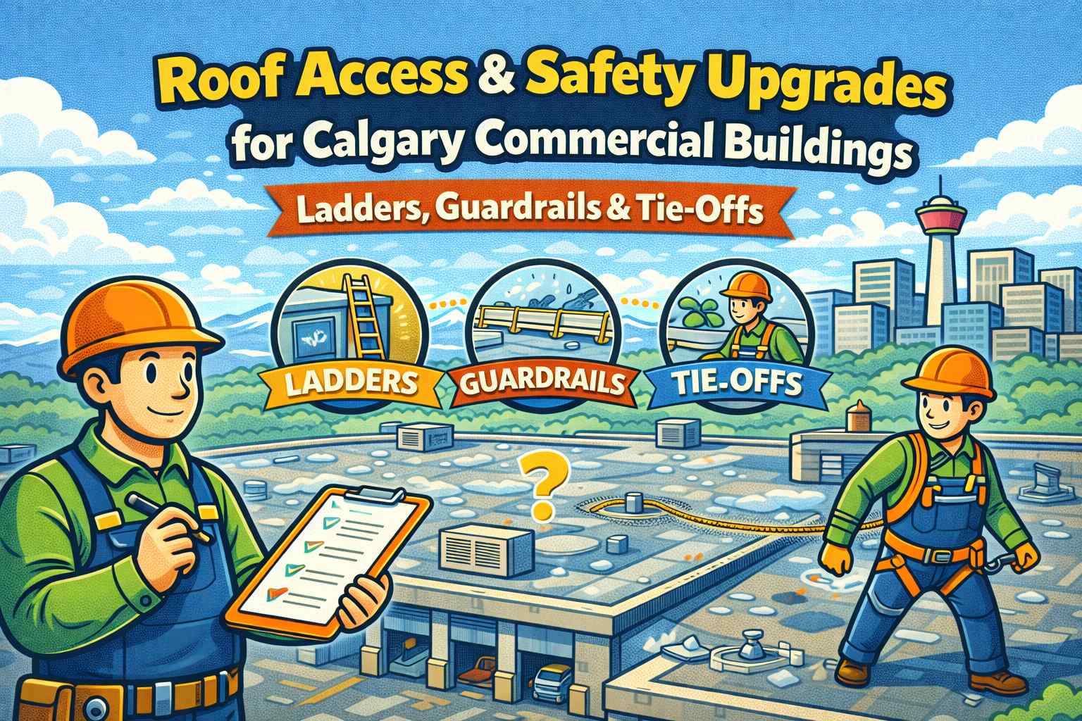 Roof access safety upgrades for Calgary commercial buildings ladders guardrails tie offs