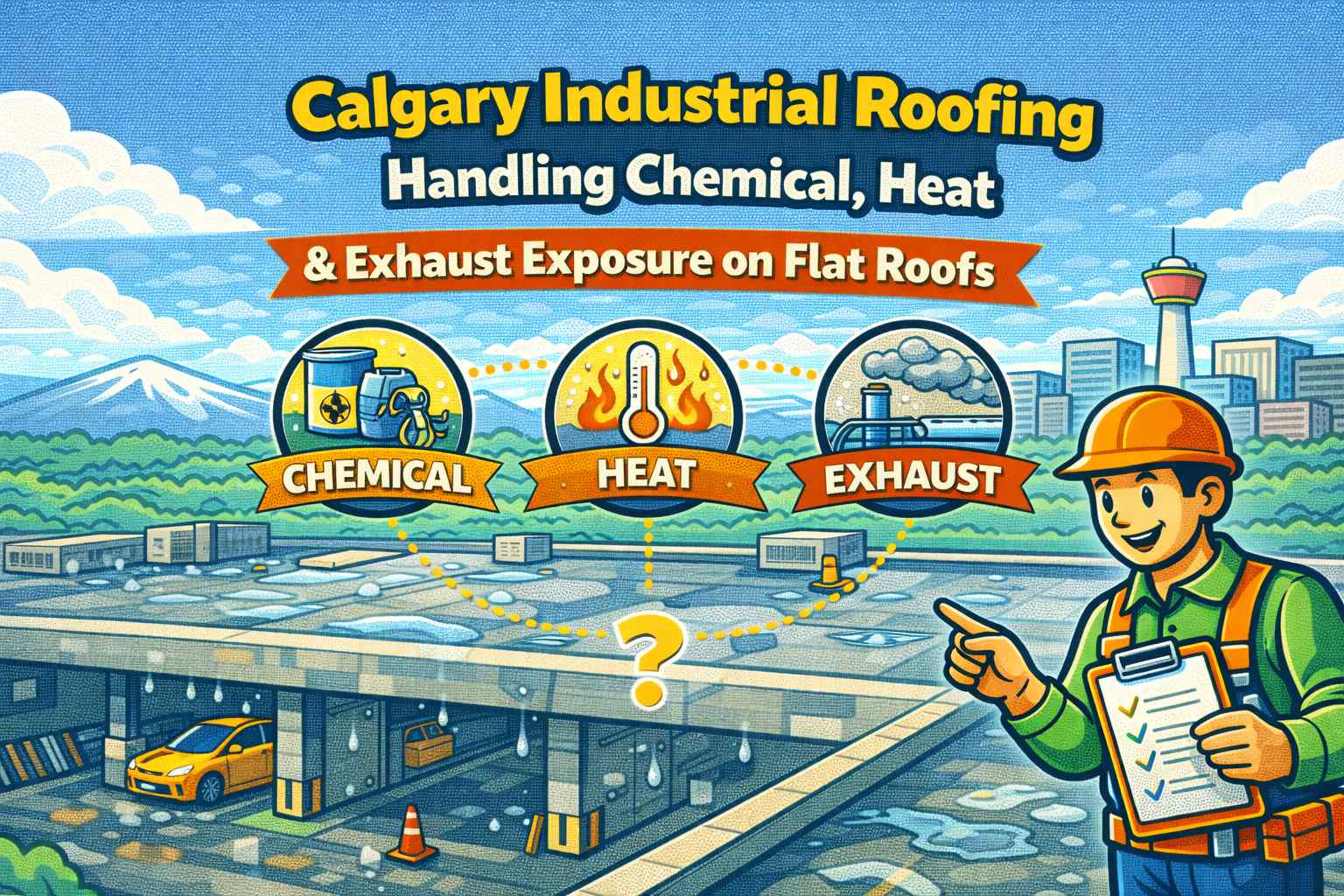 Calgary industrial roofing handling chemical heat exhaust exposure on flat roofs